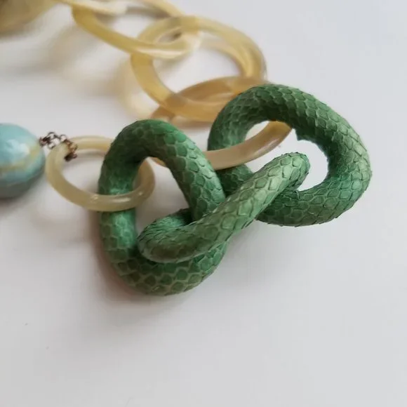 AMLE Italian Long Horn Green Chain Necklace with Python skin - Picture 12 of 16